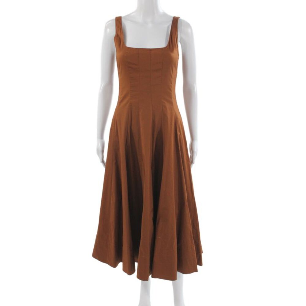 Staud Women Fit & Flare Brown Sleeveless Square Neck Midi Cotton Dress Size 0